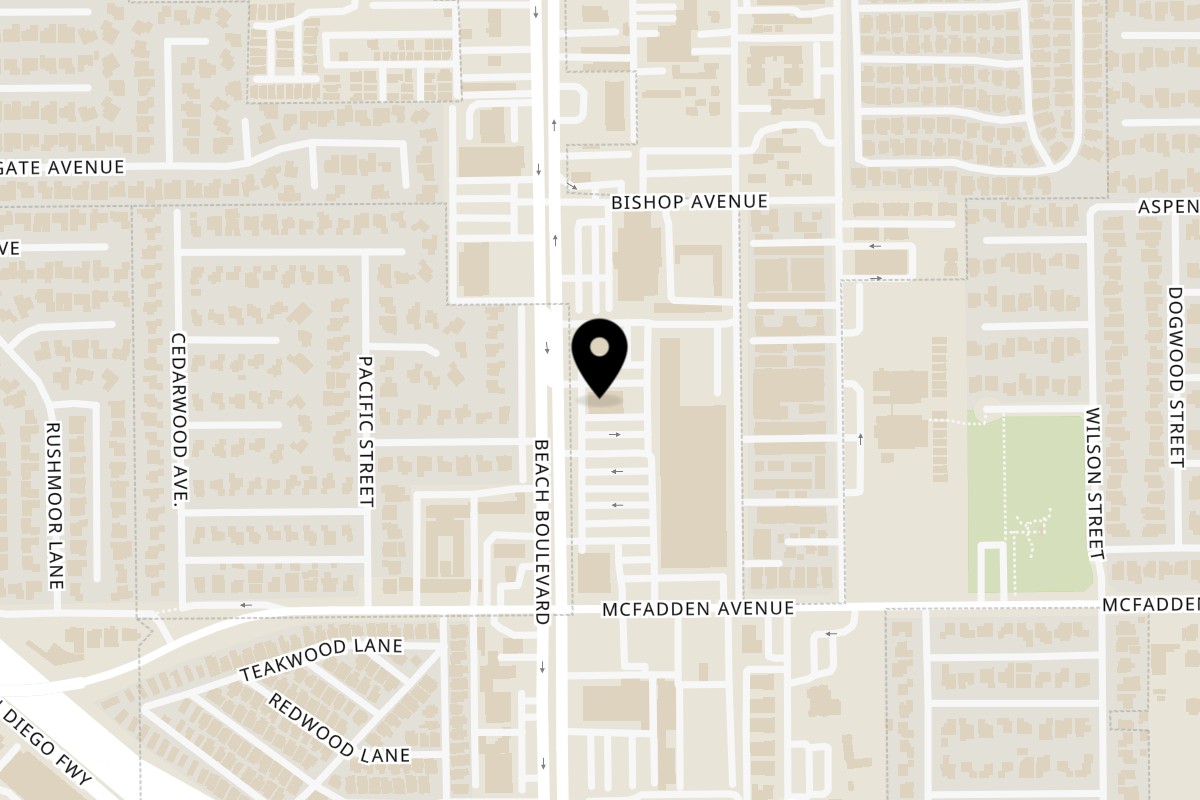 Map showing the location of Drip Drip Cafe on 15380 Beach Blvd #A in Westminster